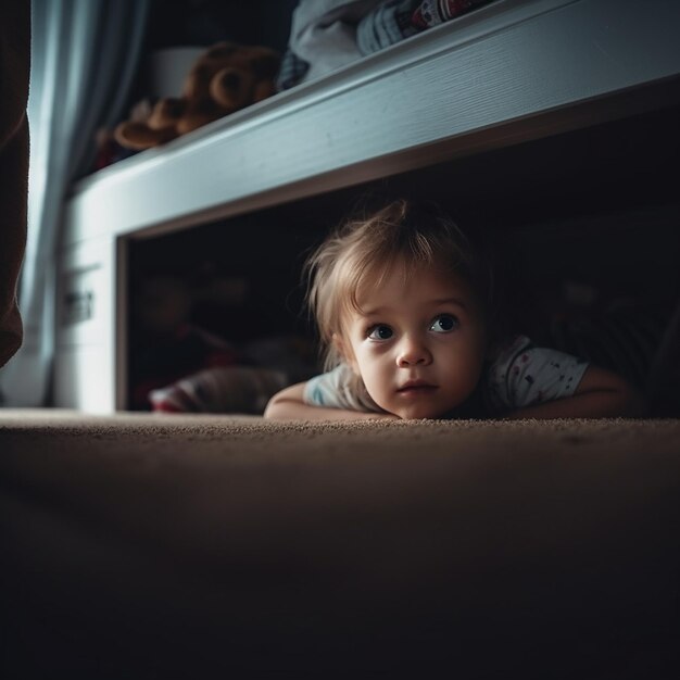 小さな子供がベッドの下に隠れておりベッドの下から少年が近づいて見ています