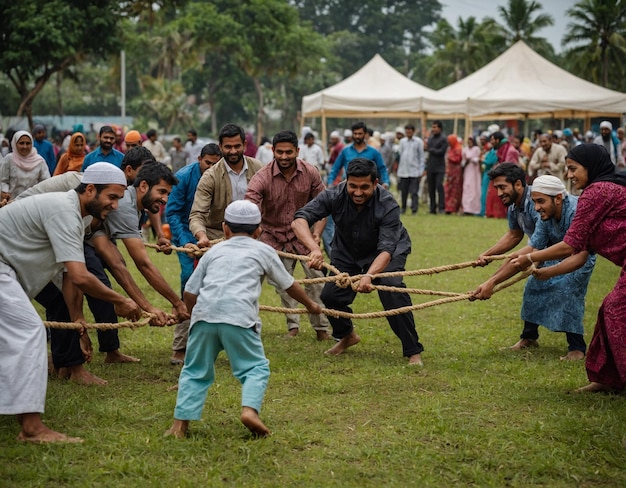 Photo a small child is pulling a rope with a small child on it