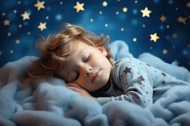 A small child is sleeping in soft clouds surrounded by space starry sky and peace Generative AI