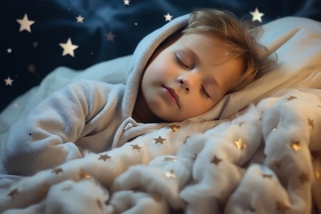 A small child is sleeping in soft clouds surrounded by space starry sky and peace Generative AI