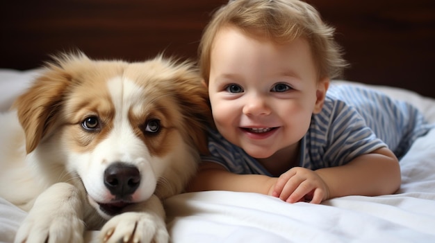 Foto bambino piccolo giace su un letto con un cane cane e bambino carino amicizia d'infanzia