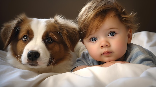 Photo small child lies on a bed with a dog dog and cute baby childhood friendship