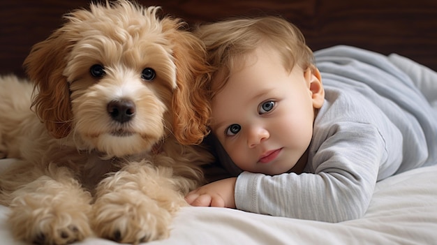 Small child lies on a bed with a dog Dog and cute baby childhood friendship