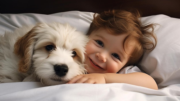 Photo small child lies on a bed with a dog dog and cute baby childhood friendship