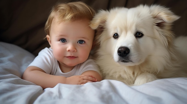 Small child lies on a bed with a dog Dog and cute baby childhood friendship