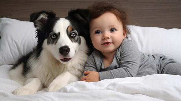 Small child lies on a bed with a dog Dog and cute baby childhood friendship