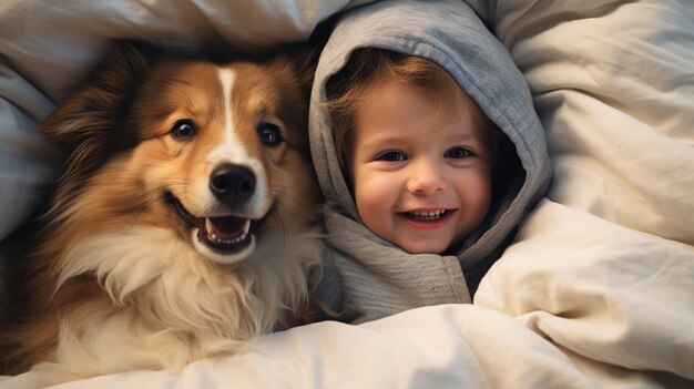 Foto bambino piccolo giace su un letto con un cane cane e bambino carino amicizia d'infanzia