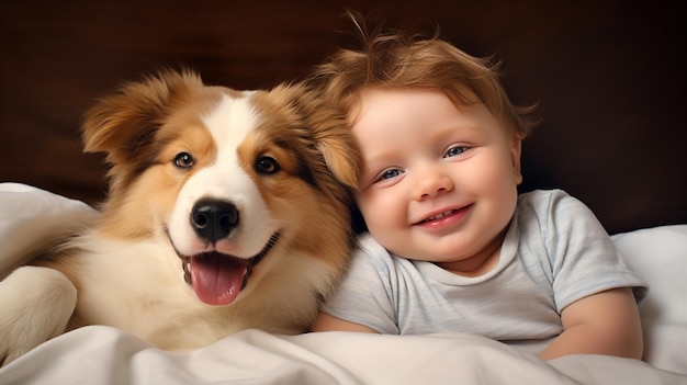 Small child lies on a bed with a dog Dog and cute baby childhood friendship