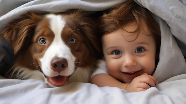 Photo small child lies on a bed with a dog dog and cute baby childhood friendship