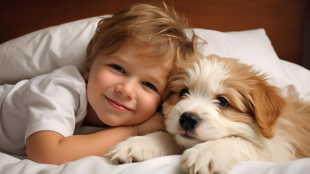 Foto bambino piccolo giace su un letto con un cane cane e bambino carino amicizia d'infanzia