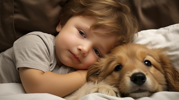 Photo small child lies on a bed with a dog dog and cute baby childhood friendship