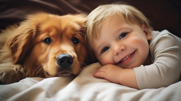 Photo small child lies on a bed with a dog dog and cute baby childhood friendship