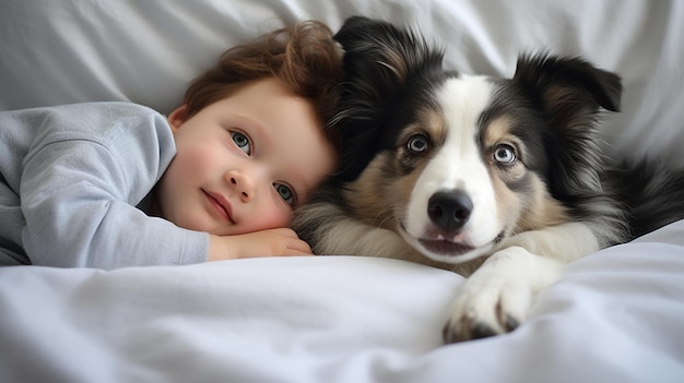 Small child lies on a bed with a dog Dog and cute baby childhood friendship