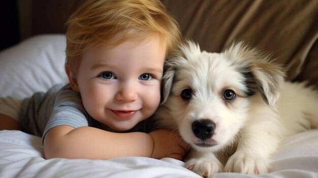 Photo small child lies on a bed with a dog dog and cute baby childhood friendship