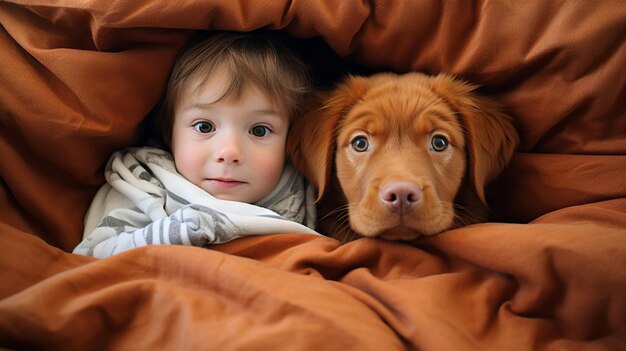 Small child lies on a bed with a dog Dog and cute baby childhood friendship