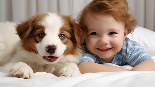 Photo small child lies on a bed with a dog dog and cute baby childhood friendship