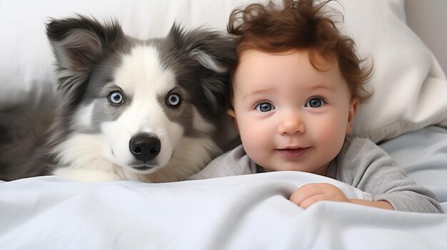 Foto bambino piccolo giace su un letto con un cane cane e bambino carino amicizia d'infanzia