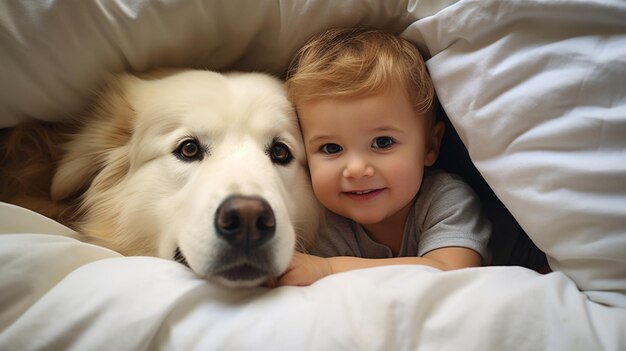 Photo small child lies on a bed with a dog dog and cute baby childhood friendship