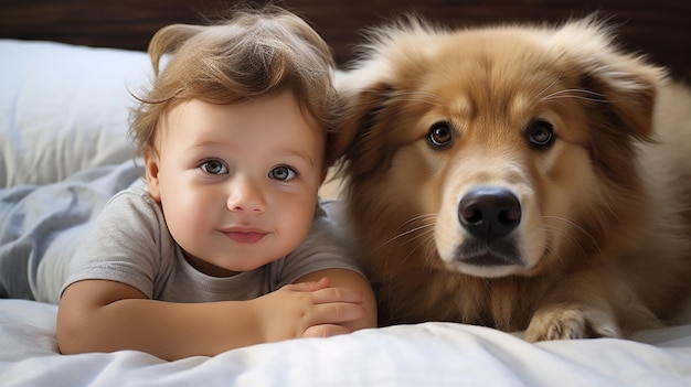 Small child lies on a bed with a dog Dog and cute baby childhood friendship