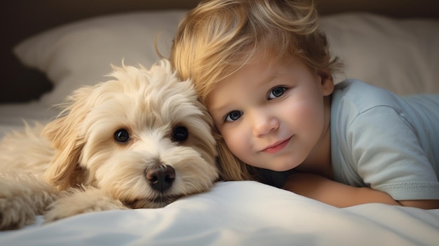 Photo small child lies on a bed with a dog dog and cute baby childhood friendship