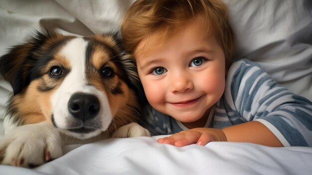 Foto bambino piccolo giace su un letto con un cane cane e bambino carino amicizia d'infanzia