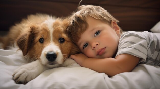Foto bambino piccolo giace su un letto con un cane cane e bambino carino amicizia d'infanzia
