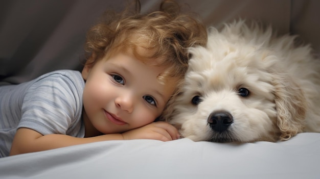 Small child lies on a bed with a dog Dog and cute baby childhood friendship