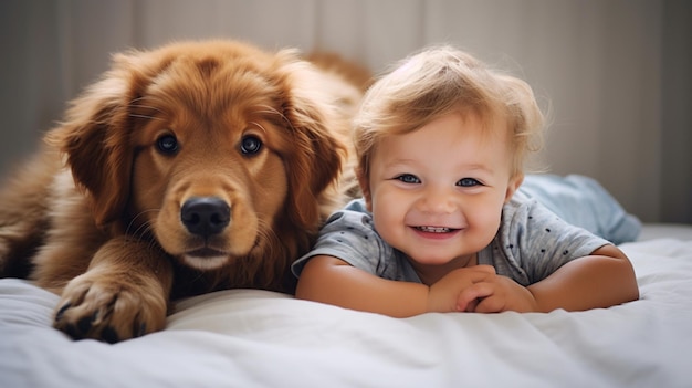 Photo small child lies on a bed with a dog dog and cute baby childhood friendship