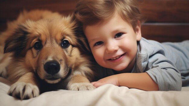 Photo small child lies on a bed with a dog dog and cute baby childhood friendship