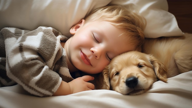 Photo small child lies on a bed with a dog dog and cute baby childhood friendship