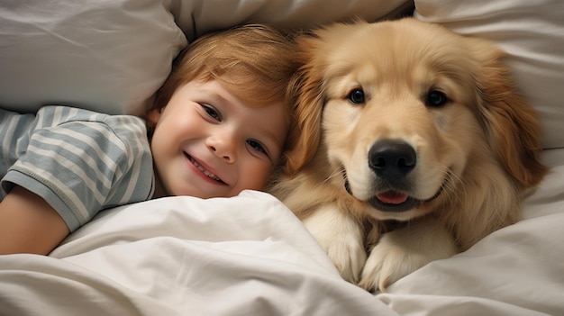 Foto bambino piccolo giace su un letto con un cane cane e bambino carino amicizia d'infanzia