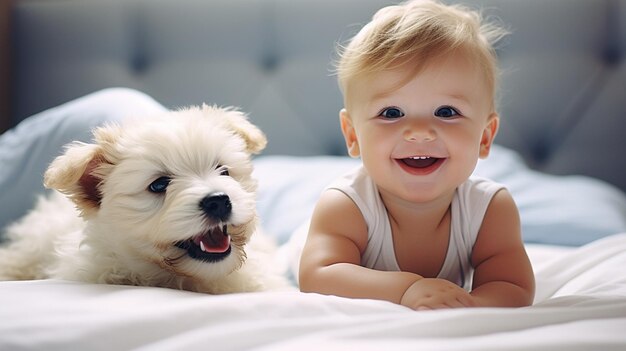 Photo small child lies on a bed with a dog dog and cute baby childhood friendship