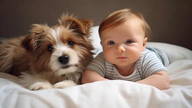 Foto bambino piccolo giace su un letto con un cane cane e bambino carino amicizia d'infanzia