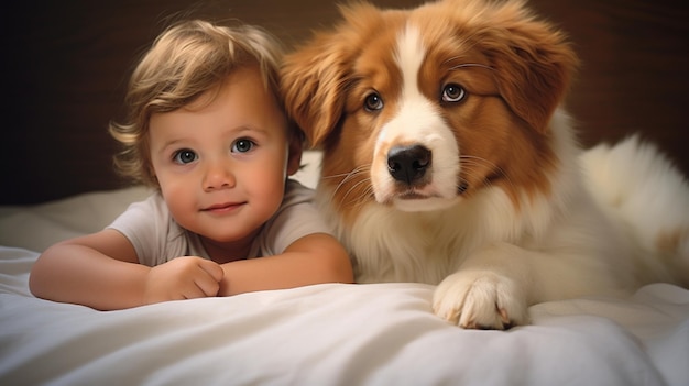 Small child lies on a bed with a dog Dog and cute baby childhood friendship