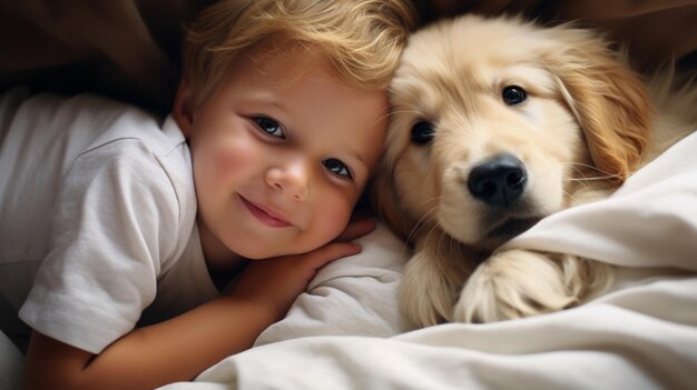 Small child lies on a bed with a dog Dog and cute baby childhood friendship