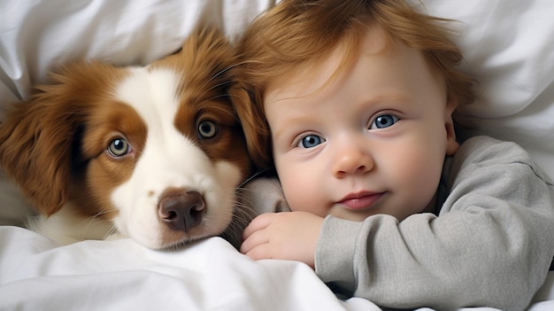 Photo small child lies on a bed with a dog dog and cute baby childhood friendship