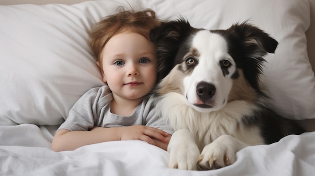 Фото Маленький ребенок лежит на кровати с собакой собака и милый ребенок детская дружба