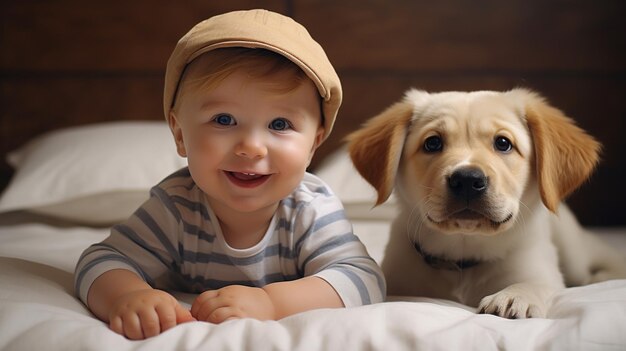 写真 小さな子供が犬とベッドに横たわっている犬と可愛い赤ちゃんの幼少期の友情