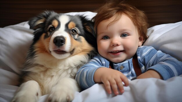 写真 小さな子供が犬とベッドに横たわっている犬と可愛い赤ちゃんの幼少期の友情