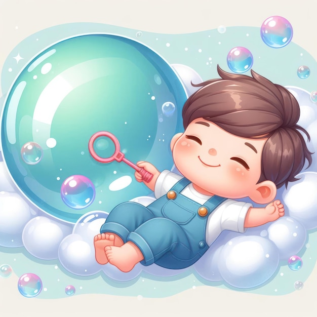 Маленький ребенок лежит среди мыльных пузырьков.