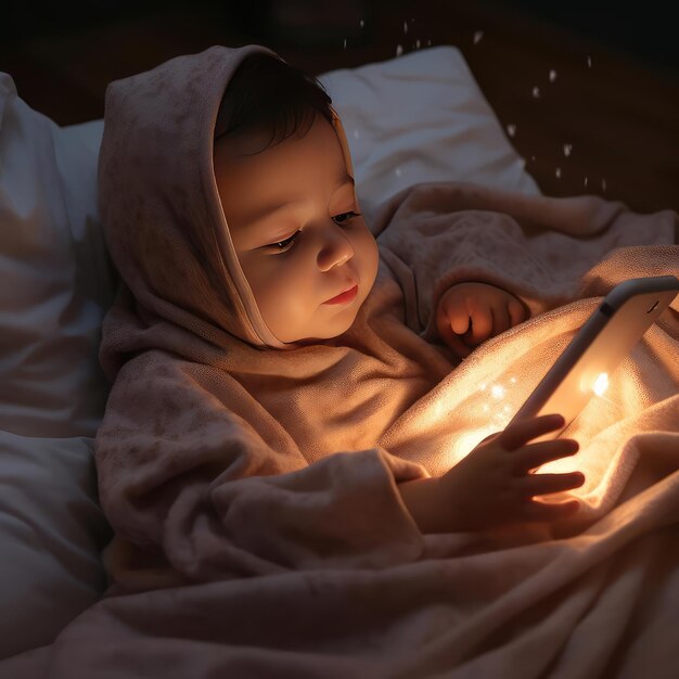 Small child lying in bed with smartphone