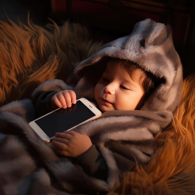 Small child lying in bed with smartphone