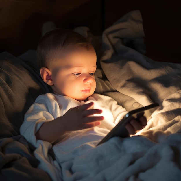 Маленький ребенок лежит в постели со смартфоном