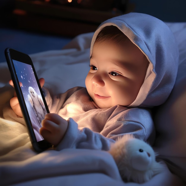 Small child lying in bed with smartphone