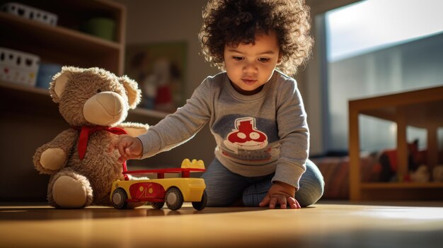 Photo small child playing on the floor of the house