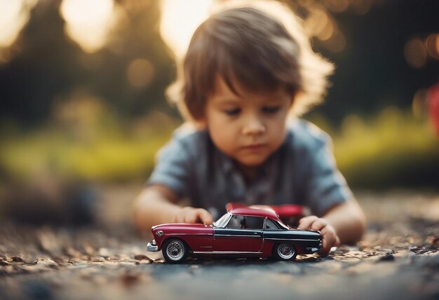 Foto un bambino piccolo che gioca con una macchina giocattolo a terra