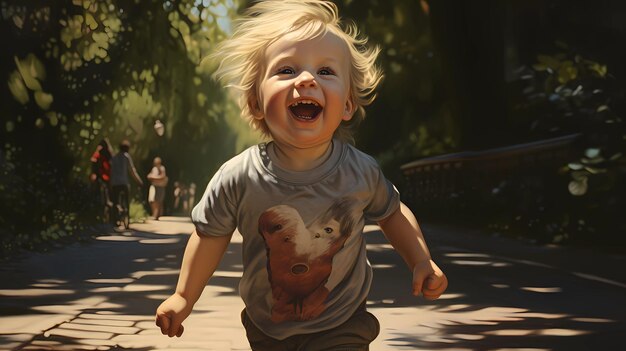 A small child runs laughing in the park