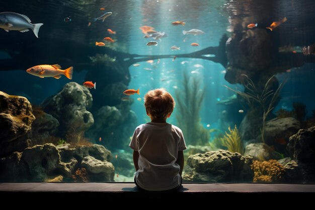 a small child sits while observing fish in a large aquarium