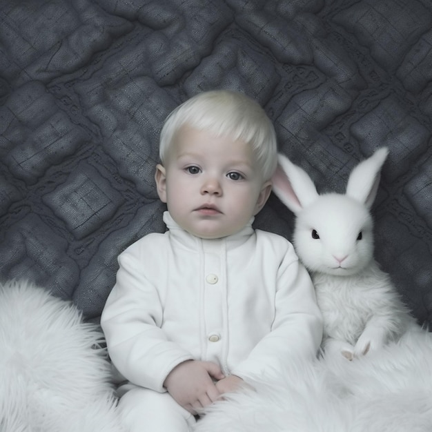 A small child sits next to a white rabbit.