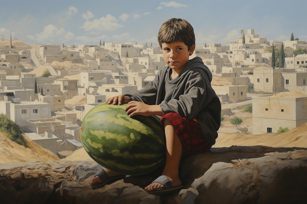 of a small child sitting on a watermelon in the city of Palestine